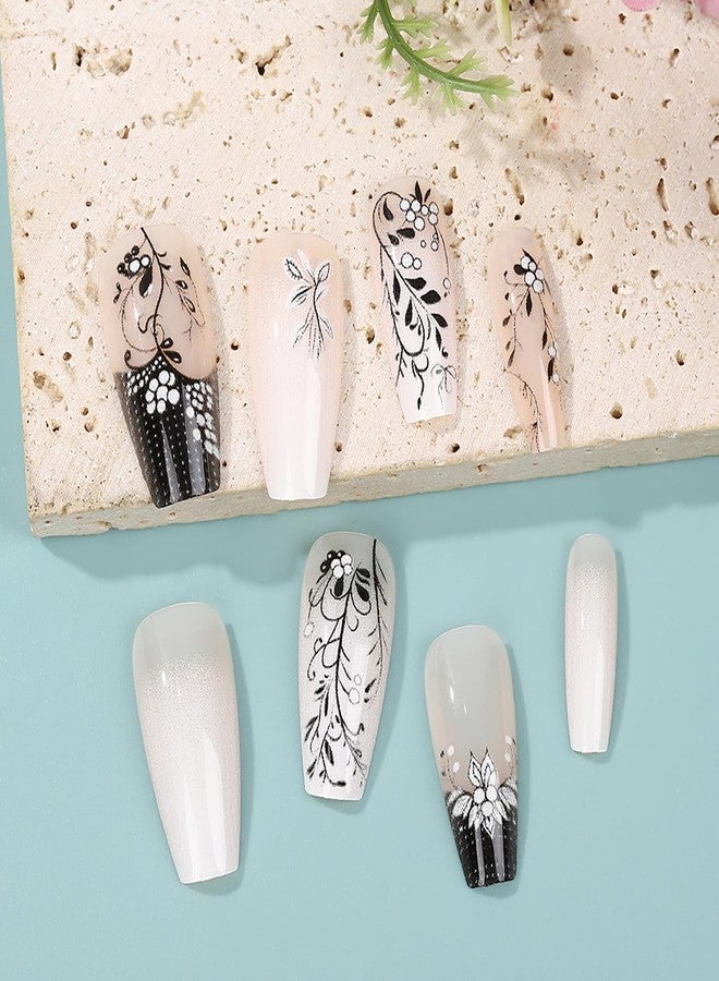 CJDLTS Press on Nails Medium Length Ballet Shaped Black Branches Pattern Design Glossy Medium Acrylic False Nail Full Cover Artificial Press Ons Stick on Nail French Glue on Nails for Women 24Pcs - Image 2